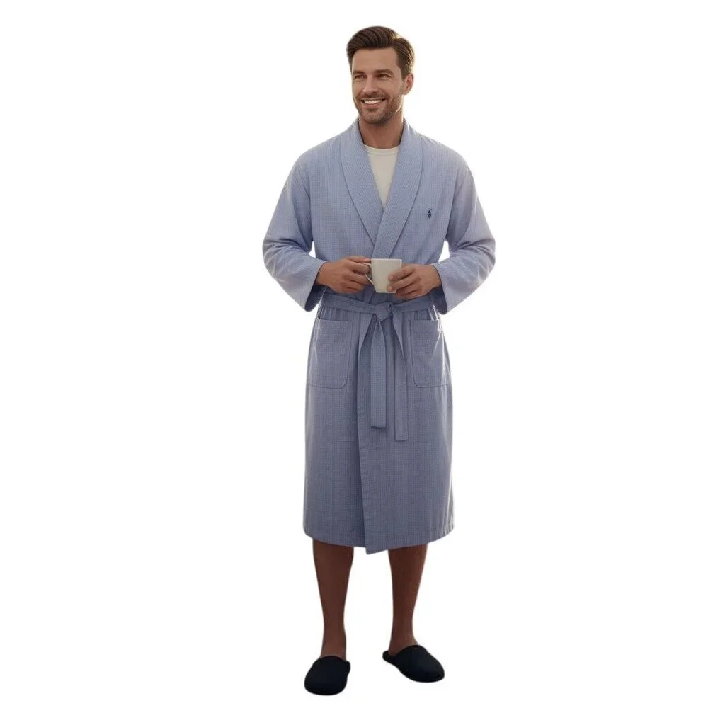 Polo Ralph Lauren Blue Checkered 100% Cotton Shawl Collar Robe Pockets Size S/M